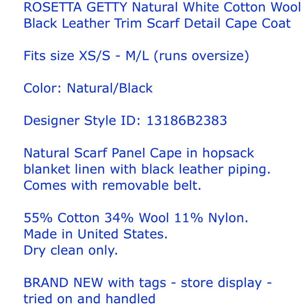 ROSETTA GETTY Cotton Wool Leather Scarf Cape Topper Coat Jacket S,M,L - Picture 13 of 13